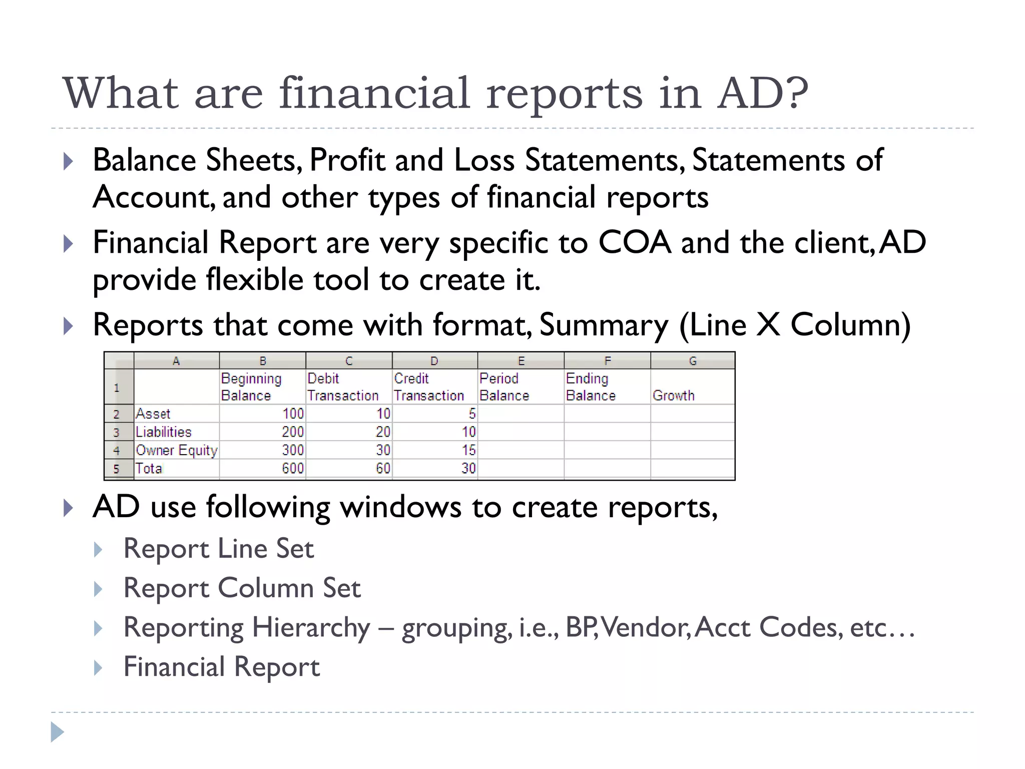 What are financial reports in AD?
 Balance Sheets, Profit and Loss Statements, Statements of
Account, and other types of financial reports
 Financial Report are very specific to COA and the client,AD
provide flexible tool to create it.
 Reports that come with format, Summary (Line X Column)
 AD use following windows to create reports,
 Report Line Set
 Report Column Set
 Reporting Hierarchy – grouping, i.e., BP,Vendor,Acct Codes, etc…
 Financial Report
 