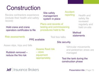 Construction
Presentation title | Page 73
Review contractors experience
(include their health and safety
record)
Hold crane and crane
operators certificates to file
Site safety
management
system in place
Plans and records of
testing and commissioning
procedures held to file
Accident
reporting Health and
safety file
reviewed
regularly and
held on-site
Method
statementsRisk assessments Tool box talks
PPE available
Vehicular movements
and pedestrian areas are
managedRubbish removed –
reduce the fire risk
Asses slips, trips and falls
Site security
Assess flood risk
– store
equipment
appropriately Test the tank during the
construction phase
 