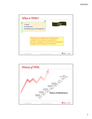9/25/2011




What is TPM??
      T: Total                                                           TPM
      P: Productive
      M: Maintenance & Management




                    Total Productive Maintenance & Management
                    combines the best features of productive &
                    preventive maintenance with innovative management
                    strategies and total employee involvement.




3   | Presentation Name             Confidential—For Internal Use Only




History of TPM.




4   | Presentation Name             Confidential—For Internal Use Only




                                                                                      2
 