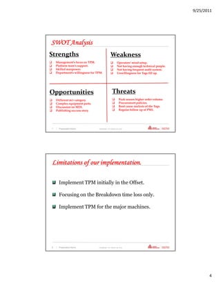9/25/2011




SWOT Analysis
Strengths                                         Weakness
    Management’s focus on TPM.                              Operators’ mind setup.
    Platform team’s support.                                Not having enough technical people.
    Skilled manpower.                                       Not having frequent audit system.
    Department’s willingness for TPM.                       Unwillingness for Tags fill up.




Opportunities                                        Threats
    Different m/c category.                                    Peak season higher order volume.
    Complex equipment parts.                                   Procurement policies.
    Discussion on MDI.                                         Root cause analysis of the Tags.
    Publishing success story.                                  Regular follow up of PM1.




7   | Presentation Name           Confidential—For Internal Use Only




Limitations of our implementation.

      Implement TPM initially in the Offset.

      Focusing on the Breakdown time loss only.

      Implement TPM for the major machines.




8   | Presentation Name           Confidential—For Internal Use Only




                                                                                                         4
 