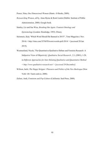 95
Power, Nina, One Dimensional Woman (Hants.: O Books, 2009).
Re)searching Women, ed by. Anne Byrne & Ronit Lentin (Dublin: Institute of Public
hhhhhAdministration, 2000). Google book.
Stanley, Liz and Sue Wise, Breaking Out Again: Feminist Ontology and
hhhhhEpistemology (London: Routledge, 1993). Ebrary.
Steinmetz, Katy ‘Which Word Should Be Banned in 2015?’, Time Magazine ( Nov.
hhhhh2014) < http://time.com/3576870/worst-words-poll-2014/ > [accessed 20 Jan
hhhhh2015].
Westmarland, Nicole, 'The Quantitative/Qualitative Debate and Feminist Research: A
hhhhhSubjective View of Objectivity', Qualitative Social Research , 2.1, (2001), 1-28,
hhhhhin Different Approaches for Inter-Relating Qualitative and Quantitative Method
hhhhh< http://www.qualitative-research.net/ > [accessed 29 December].
Willson, Jacki, The Happy Stripper: Pleasures and Politics of the New Burlesque (New
hhhhhYork: I.B. Tauris and co, 2008).
Zeilser, Andi, Feminism and Pop Culture (California: Seal Press, 2008).
 
