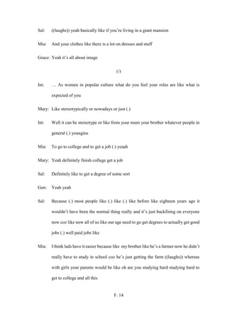 F. 14
Sal: ((laughs)) yeah basically like if you’re living in a giant mansion
Mia: And your clothes like there is a lot on dresses and stuff
Grace: Yeah it’s all about image
(/)
Int: … As women in popular culture what do you feel your roles are like what is
expected of you
Mary: Like stereotypically or nowadays or just (.)
Int: Well it can be stereotype or like from your mum your brother whatever people in
general (.) youngins
Mia: To go to college and to get a job (.) yeaah
Mary: Yeah definitely finish college get a job
Sal: Definitely like to get a degree of some sort
Gen: Yeah yeah
Sal: Because (.) most people like (.) like (.) like before like eighteen years ago it
wouldn’t have been the normal thing really and it’s just backfiring on everyone
now coz like now all of us like our age need to go get degrees to actually get good
jobs (.) well paid jobs like
Mia: I think lads have it easier because like my brother like he’s a farmer now he didn’t
really have to study in school coz he’s just getting the farm ((laughs)) whereas
with girls your parents would be like oh are you studying hard studying hard to
get to college and all this
 