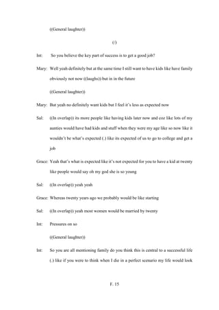 F. 15
((General laughter))
(/)
Int: So you believe the key part of success is to get a good job?
Mary: Well yeah definitely but at the same time I still want to have kids like have family
obviously not now ((laughs)) but in in the future
((General laughter))
Mary: But yeah no definitely want kids but I feel it’s less as expected now
Sal: ((In overlap)) its more people like having kids later now and coz like lots of my
aunties would have had kids and stuff when they were my age like so now like it
wouldn’t be what’s expected (.) like its expected of us to go to college and get a
job
Grace: Yeah that’s what is expected like it’s not expected for you to have a kid at twenty
like people would say oh my god she is so young
Sal: ((In overlap)) yeah yeah
Grace: Whereas twenty years ago we probably would be like starting
Sal: ((In overlap)) yeah most women would be married by twenty
Int: Pressures on so
((General laughter))
Int: So you are all mentioning family do you think this is central to a successful life
(.) like if you were to think when I die in a perfect scenario my life would look
 