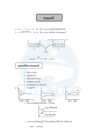 สมดุลเคมี
A + B ⎯ →⎯ C + D ⇒ ทั้ง A และ B หมดหรือเหลือตัวใดตัวหนึ่ง
A + B C + D ⇒ ทั้ง A และ B เหลือทั้งคู ⇒ เกิดสมดุลเคม...