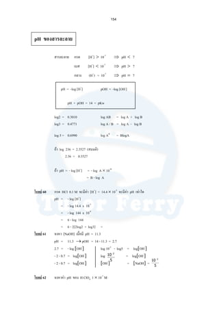 154
pH ของสารละลาย
สารละลาย กรด [H+
] > 10-7
⇒ pH < 7
เบส [H+
] < 10-7
⇒ pH > 7
กลาง (H+
) = 10-7
⇒ pH = 7
pH = -log [H+
] pOH = -log [OH-
]
pH + pOH = 14 = pKw
log2 = 0.3010 log AB = log A + log B
log3 = 0.4771 log A / B = log A - log B
log 5 = 0.6990 log AB
= BlogA
ถา log 236 = 2.3527 (สมมติ)
2.36 = 0.3527
ถา pH = - log [H+
] = - log A × 10-B
= B - log A
โจทย 60 กรด HCl 0.1 M จะมีคา [H+
] = 14.4 × 10-5
จะมีคา pH เทาใด
pH = - log [H+
]
= - log 14.4 x 10-5
= - log 144 x 10-6
= 6 - log 144
= 6 - 2[2log2 + log3] =
โจทย 61 จงหา [NaOH] เมื่อมี pH = 11.3
pH = 11.3 → pOH = 14 - 11.3 = 2.7
2.7 = - log [OH-
] log 10-2
- log5 = log[OH-
]
- 2 - 0.7 = log[OH-
] log = log[OH-
]
- 2 - 0.7 = log[OH-
] [OH-
] = [NaOH] =
โจทย 62 จงหาคา pH ของ H ClO4 1 × 10-7
M
5
10 2−
5
10 2−
 