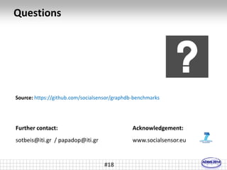 Source: https://github.com/socialsensor/graphdb-benchmarks 
#18 
Questions 
Further contact: 
sotbeis@iti.gr / papadop@iti.gr 
Acknowledgement: 
www.socialsensor.eu 
