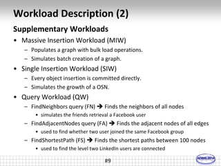 Workload Description (2) 
Supplementary Workloads 
• Massive Insertion Workload (MIW) 
– Populates a graph with bulk load operations. 
– Simulates batch creation of a graph. 
• Single Insertion Workload (SIW) 
– Every object insertion is committed directly. 
– Simulates the growth of a OSN. 
• Query Workload (QW) 
– FindNeighbors query (FN)  Finds the neighbors of all nodes 
• simulates the friends retrieval a Facebook user 
– FindAdjacentNodes query (FA)  Finds the adjacent nodes of all edges 
• used to find whether two user joined the same Facebook group 
– FindShortestPath (FS)  Finds the shortest paths between 100 nodes 
• used to find the level two LinkedIn users are connected 
#9 
 