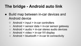 The bridge - Android auto link
● Build map between in-car devices and
Android device
○ Android < input > in-car controllers
○ Android < sensor data > in-car sensor gateway
○ Android < audio > in-car stereo audio devices
○ Android < video > in-car IVI display
○ Android < bluetooth > in-car bt connectivity
 