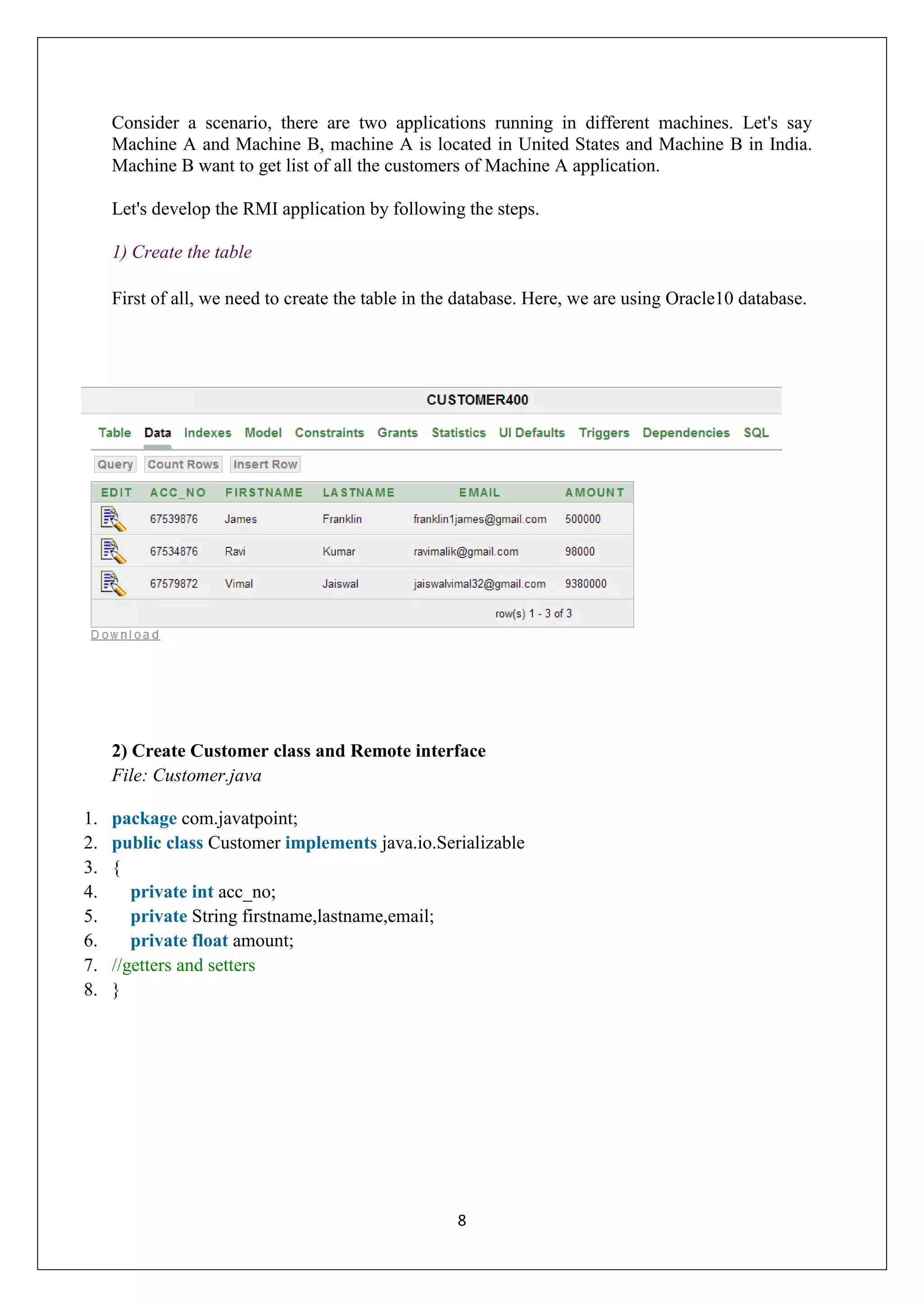 8
Consider a scenario, there are two applications running in different machines. Let's say
Machine A and Machine B, machine A is located in United States and Machine B in India.
Machine B want to get list of all the customers of Machine A application.
Let's develop the RMI application by following the steps.
1) Create the table
First of all, we need to create the table in the database. Here, we are using Oracle10 database.
2) Create Customer class and Remote interface
File: Customer.java
1. package com.javatpoint;
2. public class Customer implements java.io.Serializable
3. {
4. private int acc_no;
5. private String firstname,lastname,email;
6. private float amount;
7. //getters and setters
8. }
 