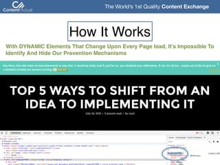 The World’s 1st Quality Content Exchange 
With DYNAMIC Elements That Change Upon Every Page load, It’s Impossible To
Identify And Hide Our Prevention Mechanisms
How It Works
 