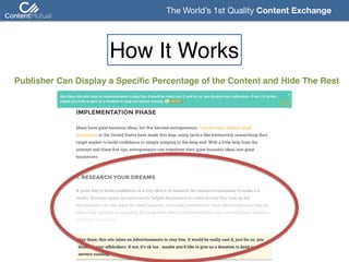 The World’s 1st Quality Content Exchange 
How It Works
Publisher Can Display a Specific Percentage of the Content and Hide The Rest
 