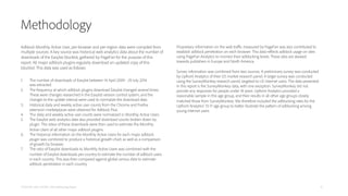 Methodology
Adblock Monthly Active User, per-browser and per-region data were compiled from
multiple sources. A key source was historical web analytics data about the number of
downloads of the Easylist blocklist, gathered by PageFair for the purpose of this
report. All major adblock plugins regularly download an updated copy of this
blocklist. This data was used as follows:
1.  The number of downloads of Easylist between 14 April 2009 - 29 July 2014
was extracted.
2. The frequency at which adblock plugins download Easylist changed several times.
These were changes researched in the Easylist version control system, and the
changes to the update interval were used to normalize the download data.
3. Historical daily and weekly active user counts from the Chrome and Firefox
extension marketplaces were obtained for Adblock Plus.
4.  The daily and weekly active user counts were normalized in Monthly Active Users.
5.  The Easylist web analytics data also provided download counts broken down by
plugin. The ratios of these downloads were then used to estimate the Monthly
Active Users of all other major adblock plugins.
6.  The historical information on the Monthly Active Users for each major adblock
plugin was combined to produce a historical growth chart, as well as a comparison
of growth by browser.
7.  The ratio of Easylist downloads to Monthly Active Users was combined with the
number of Easylist downloads per-country to estimate the number of adblock users
in each country. This was then compared against global census data to estimate
adblock penetration in each country.
PAGEFAIR AND ADOBE | 2014 Adblocking Report
Proprietary information on the web traﬃc measured by PageFair was also contributed to
establish adblock penetration on each browser. This data reflects adblock usage on sites
using PageFair Analytics to monitor their adblocking levels. These sites are skewed
towards publishers in Europe and North America.
Survey information was combined from two sources. A preliminary survey was conducted
by Upfront Analytics of their US market research panel. A larger survey was conducted
using the SurveyMonkey research panel, targeted to US internet users. The data presented
in this report is the SurveyMonkey data, with one exception. SurveyMonkey did not
provide any responses for people under 18 years. Upfront Analytics provided a
reasonable sample in this age group, and their results in all other age groups closely
matched those from SurveyMonkey. We therefore included the adblocking rates for the
Upfront Analytics’ 13-17 age group to better illustrate the pattern of adblocking among
young internet users.
15
 