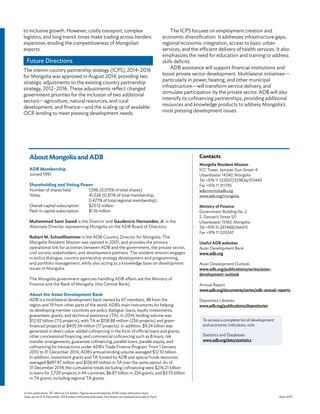 In this publication, “$” refers to US dollars. Figures are estimated by ADB unless otherwise cited.
Data are as of 31 December 2014 unless otherwise indicated. Fact sheets are updated annually in April. April 2015
AboutMongoliaandADB
ADB Membership
Joined 1991
Shareholding and Voting Power
Number of shares held:	 1,596 (0.015% of total shares)
Votes:	 41,026 (0.311% of total membership,
	 0.477% of total regional membership)
Overall capital subscription:	 $23.12 million
Paid-in capital subscription:	 $1.16 million
Muhammad Sami Saeed is the Director and Gaudencio Hernandez, Jr. is the
Alternate Director representing Mongolia on the ADB Board of Directors.
Robert M. Schoellhammer is the ADB Country Director for Mongolia. The
Mongolia Resident Mission was opened in 2001, and provides the primary
operational link for activities between ADB and the government, the private sector,
civil society stakeholders, and development partners. The resident mission engages
in policy dialogue, country partnership strategy development and programming,
and portfolio management, while also acting as a knowledge base on development
issues in Mongolia.
The Mongolia government agencies handling ADB affairs are the Ministry of
Finance and the Bank of Mongolia (the Central Bank).
About the Asian Development Bank
ADB is a multilateral development bank owned by 67 members, 48 from the
region and 19 from other parts of the world. ADB’s main instruments for helping
its developing member countries are policy dialogue, loans, equity investments,
guarantees, grants, and technical assistance (TA). In 2014, lending volume was
$12.92 billion (113 projects), with TA at $158.88 million (256 projects) and grant-
financed projects at $405.34 million (17 projects). In addition, $9.24 billion was
generated in direct value-added cofinancing in the form of official loans and grants,
other concessional financing, and commercial cofinancing such as B loans, risk
transfer arrangements, guarantee cofinancing, parallel loans, parallel equity, and
cofinancing for transactions under ADB’s Trade Finance Program. From 1 January
2010 to 31 December 2014, ADB’s annual lending volume averaged $12.10 billion.
In addition, investment grants and TA funded by ADB and special funds resources
averaged $697.97 million and $156.69 million in TA over the same period. As of
31 December 2014, the cumulative totals excluding cofinancing were $216.21 billion
in loans for 2,729 projects in 44 countries, $6.87 billion in 256 grants, and $3.75 billion
in TA grants, including regional TA grants.
Contacts
Mongolia Resident Mission
ICC Tower, Jamiyan Gun Street-4
Ulaanbaatar 14240, Mongolia
Tel +976 11 323507/329836/313440
Fax +976 11 311795
adbmnrm@adb.org
www.adb.org/mongolia
Ministry of Finance
Government Building No. 2
S. Danzan’s Street 5/1
Ulaanbaatar 15160, Mongolia
Tel +976 51 267468/266415
Fax +976 11 320247
Useful ADB websites
Asian Development Bank
www.adb.org
Asian Development Outlook
www.adb.org/publications/series/asian-
development-outlook
Annual Report
www.adb.org/documents/series/adb-annual-reports
Depository Libraries
www.adb.org/publications/depositories
To access a complete list of development
and economic indicators, visit:
Statistics and Databases
www.adb.org/data/statistics
to inclusive growth. However, costly transport, complex
logistics, and long transit times make trading across borders
expensive, eroding the competitiveness of Mongolian
exports.
Future Directions
The interim country partnership strategy (ICPS), 2014–2016
for Mongolia was approved in August 2014, providing two
strategic adjustments to the existing country partnership
strategy, 2012–2016. These adjustments reflect changed
government priorities for the inclusion of two additional
sectors—agriculture, natural resources, and rural
development; and finance—and the scaling up of available
OCR lending to meet pressing development needs.
The ICPS focuses on employment creation and
economic diversification. It addresses infrastructure gaps,
regional economic integration, access to basic urban
services, and the efficient delivery of health services. It also
emphasizes the need for education and training to address
skills deficits.
ADB assistance will support financial institutions and
boost private sector development. Multilateral initiatives—
particularly in power, heating, and other municipal
infrastructure—will transform service delivery, and
stimulate participation by the private sector. ADB will also
intensify its cofinancing partnerships, providing additional
resources and knowledge products to address Mongolia’s
most pressing development issues.
 