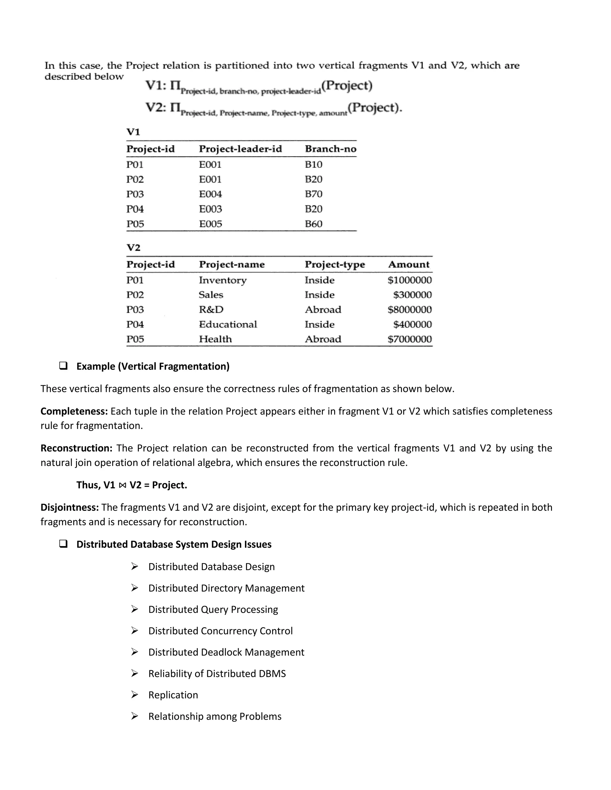  Example (Vertical Fragmentation)
These vertical fragments also ensure the correctness rules of fragmentation as shown below.
Completeness: Each tuple in the relation Project appears either in fragment V1 or V2 which satisfies completeness
rule for fragmentation.
Reconstruction: The Project relation can be reconstructed from the vertical fragments V1 and V2 by using the
natural join operation of relational algebra, which ensures the reconstruction rule.
Thus, V1 ⋈ V2 = Project.
Disjointness: The fragments V1 and V2 are disjoint, except for the primary key project-id, which is repeated in both
fragments and is necessary for reconstruction.
 Distributed Database System Design Issues
 Distributed Database Design
 Distributed Directory Management
 Distributed Query Processing
 Distributed Concurrency Control
 Distributed Deadlock Management
 Reliability of Distributed DBMS
 Replication
 Relationship among Problems
 