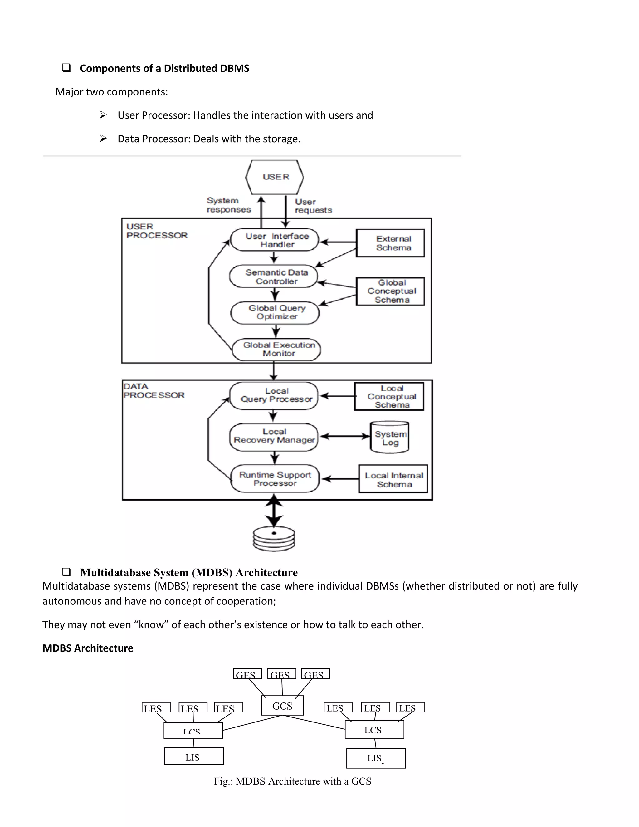  Components of a Distributed DBMS
Major two components:
 User Processor: Handles the interaction with users and
 Data Processor: Deals with the storage.
 Multidatabase System (MDBS) Architecture
Multidatabase systems (MDBS) represent the case where individual DBMSs (whether distributed or not) are fully
autonomous and have no concept of cooperation;
They may not even “know” of each other’s existence or how to talk to each other.
MDBS Architecture
Fig.: MDBS Architecture with a GCS
LIS
1
LIS
n. . . .
LCS
1
LCS
n
. . . .
LES
11
LES
12
LES
13
LES
n1
LES
n2
LES
n3
GES
1
GES
2
GES
3
GCS
 
