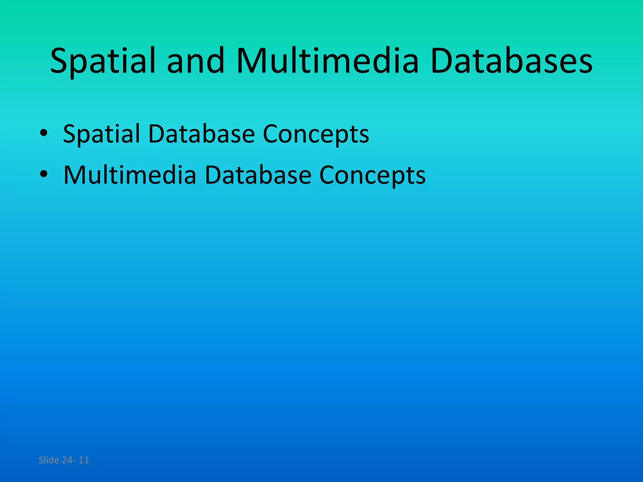 Slide 24- 11
Spatial and Multimedia Databases
• Spatial Database Concepts
• Multimedia Database Concepts
 