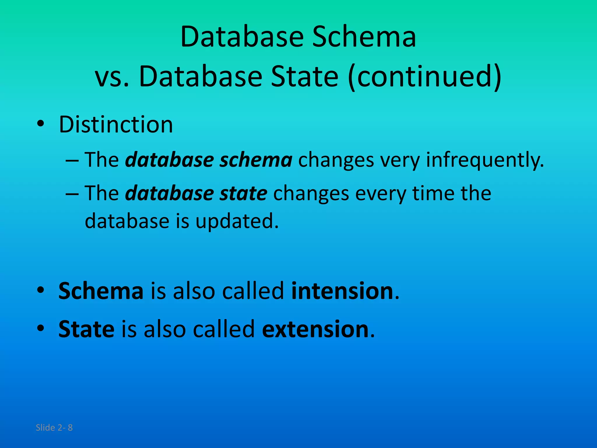 Slide 2- 8
Database Schema
vs. Database State (continued)
• Distinction
– The database schema changes very infrequently.
– The database state changes every time the
database is updated.
• Schema is also called intension.
• State is also called extension.
 