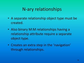 14
N-ary relationships
• A separate relationship object type must be
created.
• Also binary M:M relationships having a
relationship attribute require a separate
object type.
• Creates an extra step in the ‘navigation’
through relationships.
 