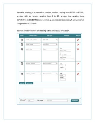 Here the session_id is created as random number ranging from 80000 to 87000,
session_clicks as number ranging from 1 to 10, session time ranging from
11/10/2015 to 11/10/2016 and session_ip_address as ip address v4. Using this we
can generate 1000 rows.
Below is the screenshot for creating tables with 5000 rows each.
 