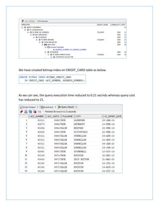 We have created bitmap index on CREDIT_CARD table as below.
As we can see, the query execution time reduced to 0.21 secinds whereas query cost
has reduced to 21.
 