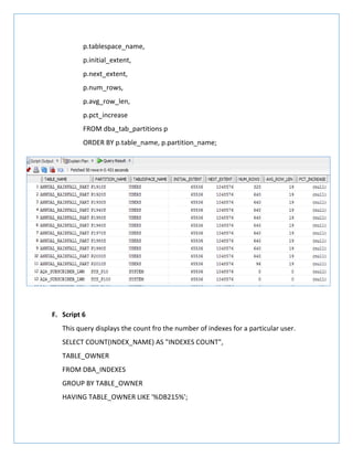 p.tablespace_name,
p.initial_extent,
p.next_extent,
p.num_rows,
p.avg_row_len,
p.pct_increase
FROM dba_tab_partitions p
ORDER BY p.table_name, p.partition_name;
F. Script 6
This query displays the count fro the number of indexes for a particular user.
SELECT COUNT(INDEX_NAME) AS "INDEXES COUNT",
TABLE_OWNER
FROM DBA_INDEXES
GROUP BY TABLE_OWNER
HAVING TABLE_OWNER LIKE '%DB215%';
 