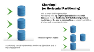 Sharding !
(or Horizontal Partitioning)
This is where sharding may help!
As breaking your big single logical database into small
databases means load is now distributed among multiple
machines and the size is more scalable as you can just add on
another node to increase the size.
Keep adding more nodes!
So, sharding can be implemented at both the application level or
the database level.
 