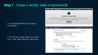 a. In the DynamoDB console, choose
Create table.
b. We will use a music library as our use
case In the Table name box, type Music.
Step 1 . Create a NoSQL table in DynamoDB
 