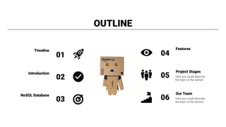 OUTLINE
04
Here you could describe
the topic of the section
05
Here you could describe
the topic of the section
06
01
02
03
Timeline
Introduction
NoSQL Database
Features
Project Stages
Our Team
 