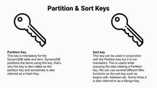 Partition & Sort Keys
Partition Key
This key is mandatory for the
DynamoDB table and item. DynamoDB
partitions the items using this key, that’s
why this key is also called as the
partition key and sometimes is also
referred as a Hash Key.
Sort key
This key can be used in conjunction
with the Partition key but it is not
mandatory. This is useful while
querying the data relating a Partition
key. We can use several different filter
functions on the sort key such as
begins with, between etc. Some times it
is also referred to as a Range Key.
 