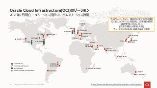 2021年7⽉現在︓30リージョン提供中、さらに8リージョン計画
Oracle Cloud Infrastructure(OCI)のリージョン
https://www.oracle.com/cloud/architecture-and-regions/
MUMBAI
HYDERABAD
SINGAPORE
CHUNCHEON
SEOUL TOKYO
OSAKA
JOHANNESBURG
SYDNEY
MELBOURNE
Commercial
Commercial Planned
Government
Microsoft Interconnect Azure
JEDDAH
ISRAEL
DUBAI
SAUDI 2
UAE 2
NEWPORT
AMSTERDAM
FRANKFURT
ZURICH
LONDON
SWEDEN
ITALY
FRANCE
SAN JOSE, CA
PHOENIX
CHICAGO
ASHBURN
TORONTO MONTREAL
デュアル・リージョン︓基本的に全ての国/地域
で2つ以上のリージョンを提供し、お客様の業務
継続要件に対応していく
(⽇本の場合は東京-⼤阪)
各リージョンはOracle Backboneで接続
SANTIAGO
VINHEDO
SAO PAULO
Copyright © 2021, Oracle and/or its affiliates
15
 
