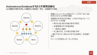 AI/機械学習を利⽤した最適化の継続(⼀例)︓⾃動索引作成
熟練したエンジニアによる索引チューニングが、24 x 365
休みなく⾏うことと同等の機能
⾃動索引を作成する⼿順は、これまでのSQLチューニン
グのアプローチと同様
• 新たなSQL実⾏計画と索引の特定
• 本番環境の外で評価/検証
• ⼀度実⾏し確認
• もし遅ければ、元の実⾏計画に戻す
⼀連のプロセスに DBA は介在する必要なく、全⾃動で
実⾏
チューニング内容はレポーティングされる
Autonomous Databaseがもたらす運⽤⾃動化
Capture
Identify
Verify
Decide
Monitor
性能
Copyright © 2021, Oracle and/or its affiliates
31
 