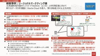n 北海道地域共通ポイントカード「EZOCA（エゾカ）」の発⾏・運営事業を
展開
n 会員数は約 190 万⼈、加盟企業は 120 社 700 店以上
n サッカー J リーグの北海道コンサドーレ札幌とのコラボカード「コンサドーレ
EZOCA」などを発⾏
会社概要
導⼊背景
n Excel や他社専⽤ツールを使っていたが、分析パターンや分析可能なデータ
量に限界があり、新たな視点による分析が困難（他社専⽤ツールの場合、
3 年分のデータ量の分析ができない）
n システム担当者の負担が多く、また、タイムリーなデータ分析も困難
n 「新北海道スタイル」への対応（北海道コンサドーレ札幌のホームゲーム来
場者に対する 3 密を回避したポイント付与）
「新北海道スタイル」への対応と加盟店向け会員データ分析サービス
ソリューション
n 「EZOCA（エゾカ）」のデータ分析基盤
l Oracle Autonomous Data Warehouse
l Oracle Analytics Cloud
n 「新北海道スタイル」への対応（北海道コンサドーレ札幌のホームゲーム来場
者に対する⾮接触型ポイント付与システム）
l Oracle Cloud Infrastructure（Compute ほか）上に構築
導⼊効果
n 130〜150 万件のトランザクションデータを Oracle Autonomous
Data Warehouse に投⼊することで、膨⼤なデータ量や処理性能を気に
することがなくなり、システム担当者の負担を軽減。また、タイムリーなデー
タ分析が可能に
n わずか 2 週間で⾮接触型ポイント付与システムを構築。「新北海道スタイ
ル」に対応しながら、昨年度と変わらないポイント付与率（約 12%）を
実現。事業の継続性を保ち、地域ビジネスに貢献
顧客事例︓リージョナルマーケティング様
北海道地域共通ポイントカード「EZOCA（エゾカ）」の利⽤促進に向けて
新たなデータ分析基盤に Oracle Cloud を導⼊、「新北海道スタイル」にも対応
ポイントシステム基盤
加盟店向け会員データ分析サービス
会員⾏動認知による地域ビジネスへの貢献
「新北海道スタイル」への対応
北海道コンサドーレ札幌のホームゲーム
来場者への⾮接触型ポイント付与システム
ポイントデータ分析基盤
膨⼤なデータ量に対応
タイムリーなデータ分析
https://www.oracle.com/jp/corporate/pressrelease/jp20201029.html
DWH︓統合DWHの新規構築
Copyright © 2021, Oracle and/or its affiliates
60
 