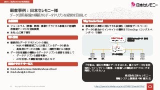 データ活⽤基盤の構築からデータ ドリブンな経営を⽬指して
顧客事例︓⽇本セレモニー様
n
n :
n
• M&A
•
n
•
• AI
n Oracle Autonomous Data Warehouse Cloud
n Oracle Analytics Cloud
Why Oracle Cloud
n
n One Stop
KPI
Other
https://special.nikkeibp.co.jp/atcl/ONB/19/oracle0906/
DWH︓統合DWHの新規構築
Copyright © 2021, Oracle and/or its affiliates
62
 