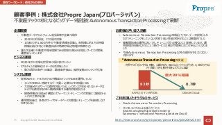 不動産テックの核となるビッグデータ基盤をAutonomous Transaction Processingで刷新
企業概要
• 不動産データプラットフォームを投資家や企業へ提供
• 2020年3⽉現在、17か国が対象
• 1⽇あたり約1,600万件の不動産情報を収集し、各情報に約3万の特徴
情報を紐付ける(不動産⾃体の特徴や周辺地理の特徴など)
• 誰もが正確に不動産市場を理解できる環境の創出を⽬指しサービスの開発、
運営を⾏っています
ビジネス課題
• 2020年中に対象を世界30カ国に拡⼤したい
• リアルタイムで億単位のデータを活⽤をしたい
• 数万項⽬の条件での集計、最適条件抽出、推移変動のランキング化等
システム課題
• 従来AWSで、7-8台のクラスタ構成のインメモリDBを運⽤していた
• インメモリDBは、格納するデータ量＝必要なメモリ容量となる
• ⼤容量メモリのサーバは費⽤が⾼いため、レスポンスが求められないデータは
ディスクを使⽤するDBへ随時移動する運⽤が前提となる
• 随時移動の仕組みの構築とパフォーマンス・チューニングの実施には最低5-6
⼈⽉の⼯数が必要
• 運⽤開始後は、多数のサーバやデータベースの管理とチューニングを継続しなけ
ればならない
お客様の声、導⼊効果
• Autonomous Transaction Processingの検証(*)では、データを移⾏した
だけでチューニングをしていない状態で⾼い性能が得られたことは衝撃的でした
• 稼働開始後の運⽤においても、チューニングが必要ないこと実感しています。運
⽤管理が⾃動化されたことで新サービスの検討や開発に注⼒できるようになりま
した
• 今後Autonomous Transaction Processing以外の選択をすることはない
と思います
ご利⽤頂いたオラクルのサービス
• Oracle Autonomous Transaction Processing
• オラクルコンサルによる導⼊サービス
(Oracle Consulting Rapid Start Service for
Autonomous Transactional Processing Database Cloud)
顧客事例︓株式会社Propre Japan(プロパージャパン)
AWS上のインメモリDB Oracle Cloud
最⼤99%短縮
世界中の「近くに学校、病院、公園があり、80㎡以上でベランダ付き、3,000万円以
内で購⼊できる」物件数をエリアごとに集計
0.7秒
83秒
* Autonomous Transaction Processingの検証
https://www.oracle.com/jp/corporate/pressrelease/jp20200522.html
混在ワークロード︓他社からの移⾏
Copyright © 2021, Oracle and/or its affiliates
75
 