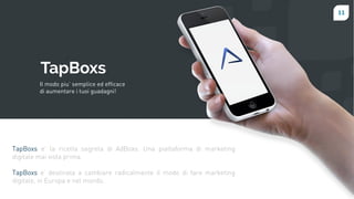 11
TapBoxs e’ la ricetta segreta di AdBoxs. Una piattaforma di marketing
digitale mai vista prima.
TapBoxs e’ destinata a cambiare radicalmente il modo di fare marketing
digitale, in Europa e nel mondo.
Il modo piu’ semplice ed efficace
di aumentare i tuoi guadagni!
 