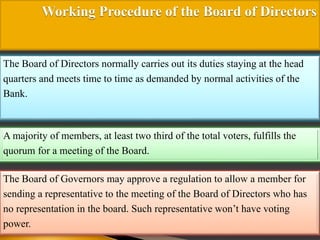 Working Procedure of the Board of Directors
The Board of Directors normally carries out its duties staying at the head
quarters and meets time to time as demanded by normal activities of the
Bank.
A majority of members, at least two third of the total voters, fulfills the
quorum for a meeting of the Board.
The Board of Governors may approve a regulation to allow a member for
sending a representative to the meeting of the Board of Directors who has
no representation in the board. Such representative won’t have voting
power.
 