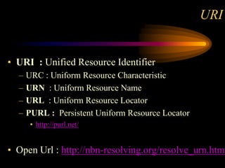 URI


• URI : Unified Resource Identifier
  –   URC : Uniform Resource Characteristic
  –   URN : Uniform Resource Name
  –   URL : Uniform Resource Locator
  –   PURL : Persistent Uniform Resource Locator
       • http://purl.net/


• Open Url : http://nbn-resolving.org/resolve_urn.htm
 