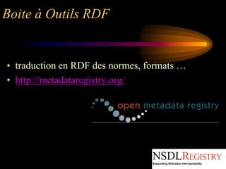 Boite à Outils RDF


• traduction en RDF des normes, formats …
• http://metadataregistry.org/
 