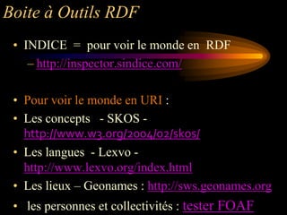 Boite à Outils RDF
 • INDICE = pour voir le monde en RDF
    – http://inspector.sindice.com/

 • Pour voir le monde en URI :
 • Les concepts - SKOS -
   http://www.w3.org/2004/02/skos/
 • Les langues - Lexvo -
   http://www.lexvo.org/index.html
 • Les lieux – Geonames : http://sws.geonames.org
 • les personnes et collectivités : tester FOAF
 