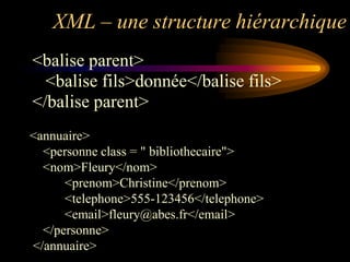 XML – une structure hiérarchique
<balise parent>
  <balise fils>donnée</balise fils>
</balise parent>
<annuaire>
  <personne class = " bibliothecaire">
  <nom>Fleury</nom>
      <prenom>Christine</prenom>
      <telephone>555-123456</telephone>
      <email>fleury@abes.fr</email>
  </personne>
</annuaire>
 
