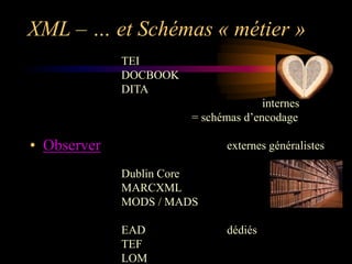 XML – … et Schémas « métier »
             TEI
             DOCBOOK
             DITA
                                     internes
                       = schémas d‟encodage

• Observer                    externes généralistes

             Dublin Core
             MARCXML
             MODS / MADS

             EAD              dédiés
             TEF
             LOM
 