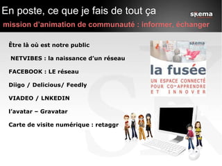 En poste, ce que je fais de tout ça    mission d’animation de communauté : informer, échanger Être là où est notre public  NETVIBES : la naissance d’un réseau FACEBOOK : LE réseau Diigo / Delicious/ Feedly VIADEO / LNKEDIN l’avatar – Gravatar Carte de visite numérique : retaggr 