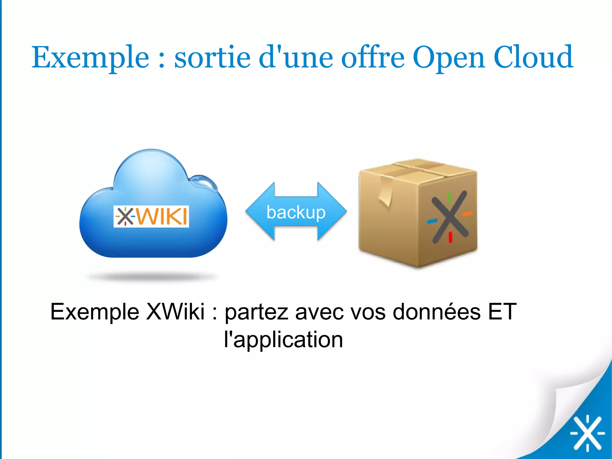 Exemple : sortie d'une offre Open Cloud



                    backup




 Exemple XWiki : partez avec vos données ET
                 l'application
 