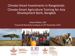 Climate-Smart Investments in Rangelands:
Climate-Smart Agriculture Training for Asia
Development Bank, Bangkok
Presented Remotely via Skype on 26th November 2019
Fiona Flintan, ILRI
 