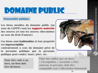 20
Les biens meubles du domaine public (au
sens du CGPPP) sont les supports matériels
des œuvres (et non les œuvres elles-mêmes
au sens du droit d’auteur)
Ces biens sont inaliénables et leur propriété
est imprescriptible
contrairement à ceux du domaine privé de
la personne publique que la personne
publique peut vendre, louer, jeter, etc.
Domaine public
Domanialité publique
Pour être cédé à un
tiers, un bien doit
être déclassé
Pour être utilisé par un tiers,
« l’occupation », accordée à titre
onéreux et précaire, doit être
compatible avec l’affectation domaniale
ChevauxdelagrotteChauvetWikimédiaCommons.
 