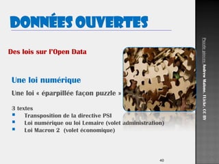 40
Des lois sur l’Open Data
Une loi numérique
Une loi « éparpillée façon puzzle » …
3 textes
 Transposition de la directive PSI
 Loi numérique ou loi Lemaire (volet administration)
 Loi Macron 2 (volet économique)
PuzzlepiecesAndrewMalone.FLickr.CCBY
Données ouvertes
 