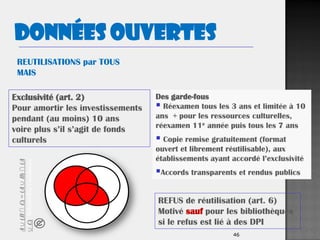 46
Exclusivité (art. 2)
Pour amortir les investissements
pendant (au moins) 10 ans
voire plus s’il s’agit de fonds
culturels
REFUS de réutilisation (art. 6)
Motivé sauf pour les bibliothèques
si le refus est lié à des DPI
REUTILISATIONS par TOUS
MAIS
Des garde-fous
 Réexamen tous les 3 ans et limitée à 10
ans + pour les ressources culturelles,
réexamen 11e année puis tous les 7 ans
 Copie remise gratuitement (format
ouvert et librement réutilisable), aux
établissements ayant accordé l’exclusivité
Accords transparents et rendus publics
Données ouvertes
A∪(B∩C)=(A∪B)∩(A
∪C).WikimédiaCommons
 