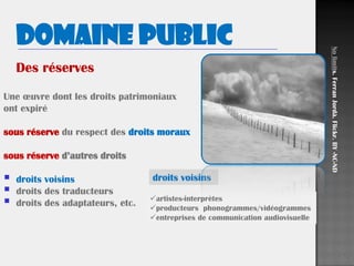 Des réserves
Une œuvre dont les droits patrimoniaux
ont expiré
sous réserve du respect des droits moraux
sous réserve d’autres droits
 droits voisins
 droits des traducteurs
 droits des adaptateurs, etc.
Domaine public
Nolimits.FerranJordà.Flickr.BY-NC-ND
droits voisins
artistes-interprètes
producteurs phonogrammes/vidéogrammes
entreprises de communication audiovisuelle
 