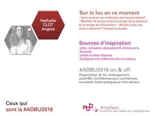 Nathalie
CLOT
Angers
Ceux qui
sont là #ADBU2016
Sur le feu en ce moment
- Faire évoluer les méthodes de travail collectif
- Modifier le tempo entre le temps de la décision
et le temps de l’évaluation : décider plus vite,
mieux observer l’impact et ajuster.
.
Sources d’inspiration
Utile, utilisable, désirable d’A. Etches et A.
Schmidt
Uxlibs et Next libraries
Collègues très différents d’ici et ailleurs
#ADBU2016 on & off
Organisation JE Ux, aménagement,
caramBU, Confidences pour confidences,
live-tweet, fiches pratiques et mini-ateliers
 