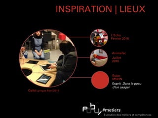 INSPIRATION | LIEUX
Gaîté Lyrique Avril 2016
L’Echo
Février 2016
Animafac
Juillet
2016
Bulac
MNHN
Esprit Dans la peau
d’un usager
#metiers
Evolution des métiers et compétences
 